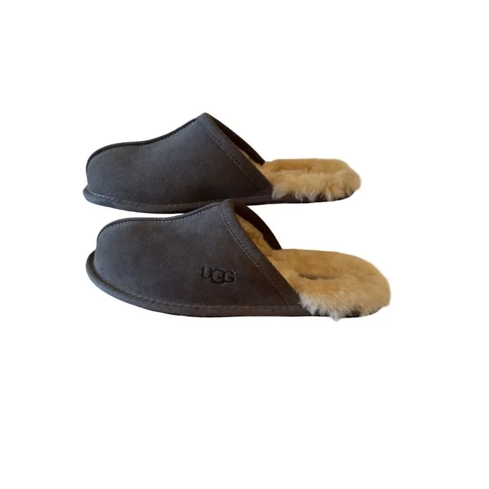 UGG Mens Gray Round Toe Sheepskin Suede Slip On Flat Slippers Size 9